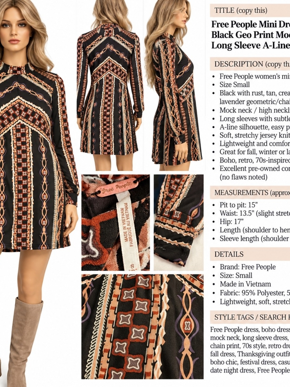 Free People Small Black Geometric Print Long Sleeve Mini Dress Boho - Picture 2 of 16